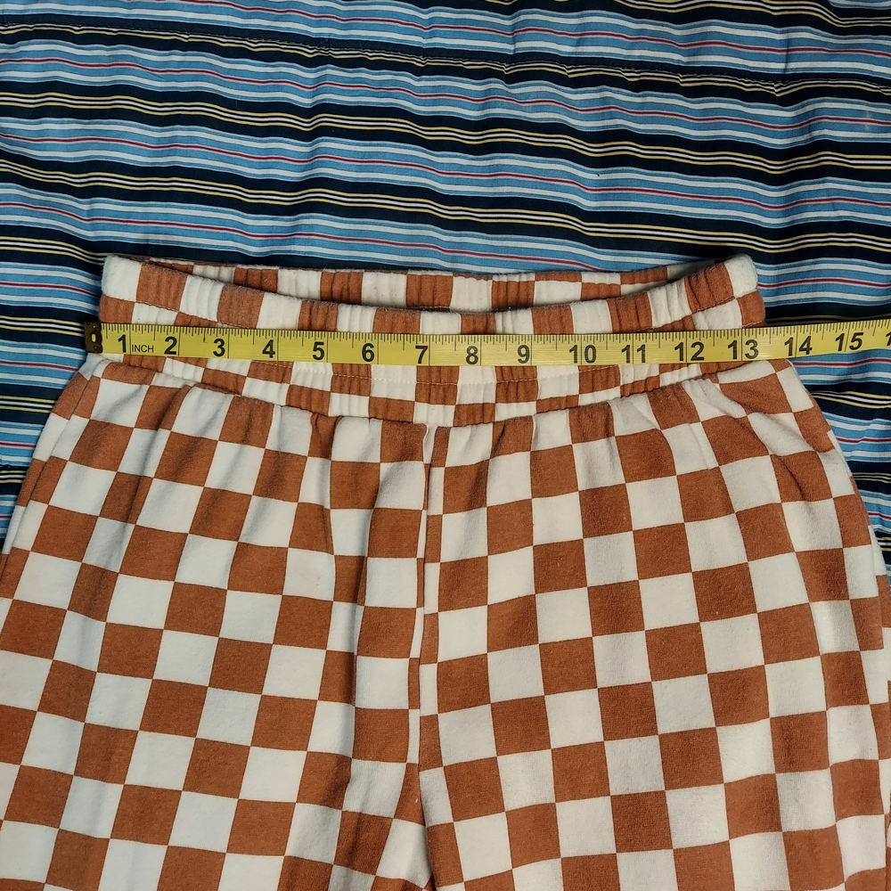 Grayson Threads Checkered Flare Lounge Pants Brown White Small Raw Hem High Rise - Picture 5 of 10
